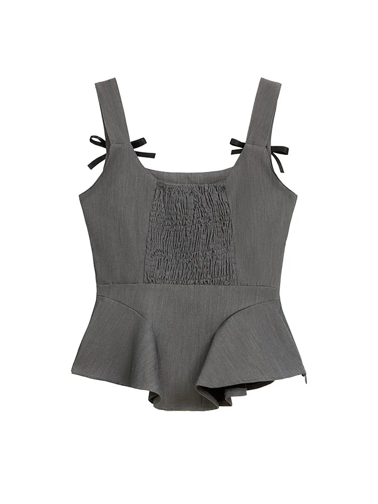 Korean Style Grey Elegant Bow Halter Top Women Luxury Sweet Sexy Slim Camisole Summer 2000s Aesthetic Coquette Gyaru Tees Trend