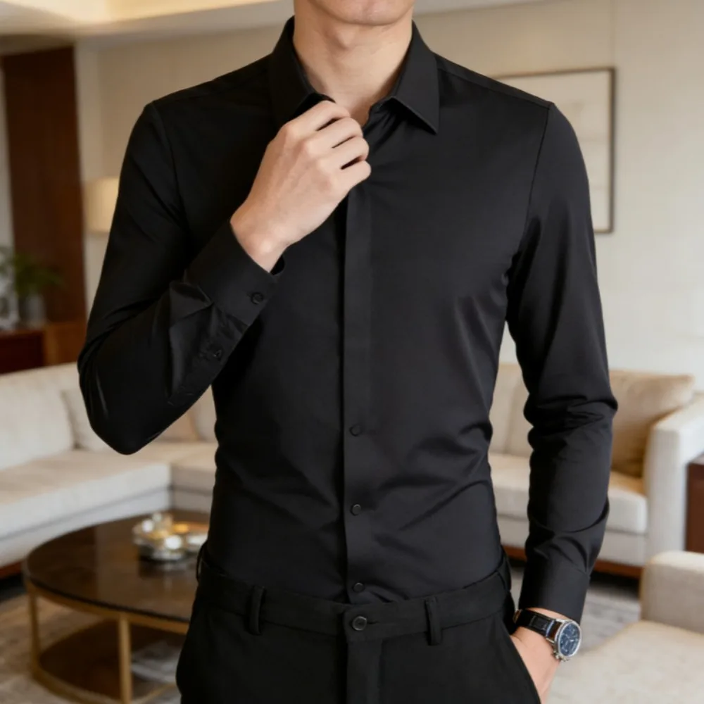 

Мужская сверхэластичная шелковая классическая рубашка премиум-класса с длинными рукавами — официальная деловая одежда для социальных и повседневных мероприятий