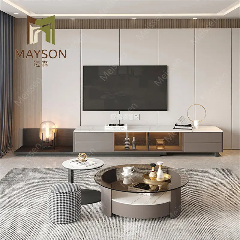 Italian light luxury modern round rock slab tempered glass living room household small apartment coffee table TV cabinet