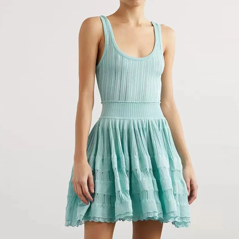 

Women's Sleeveless Vertical Striped Knit Dress, Fashion Sexy Sleeveless Vest Short Dress, High Quality Short Dress, Spring, New,