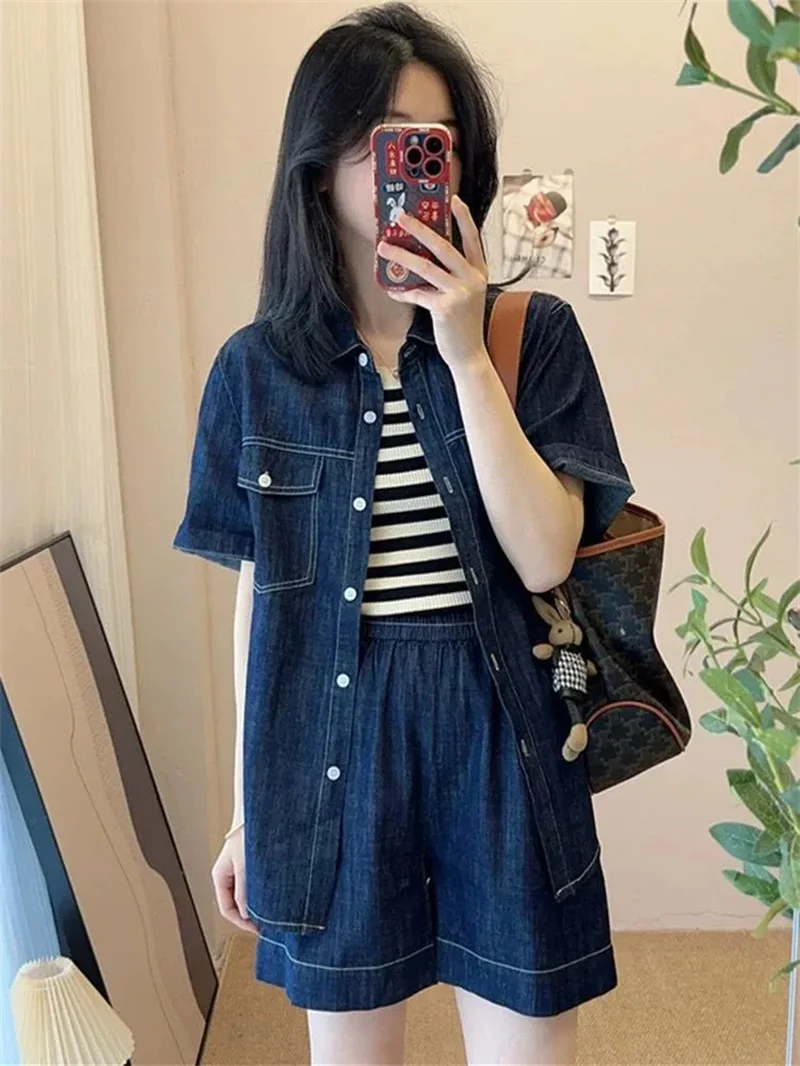 

Retro Washed Shorts Set For Women In Summer New Korean Denim Short Sleeved Shirt Salt Series High-End Workwear Two-Piece Suits