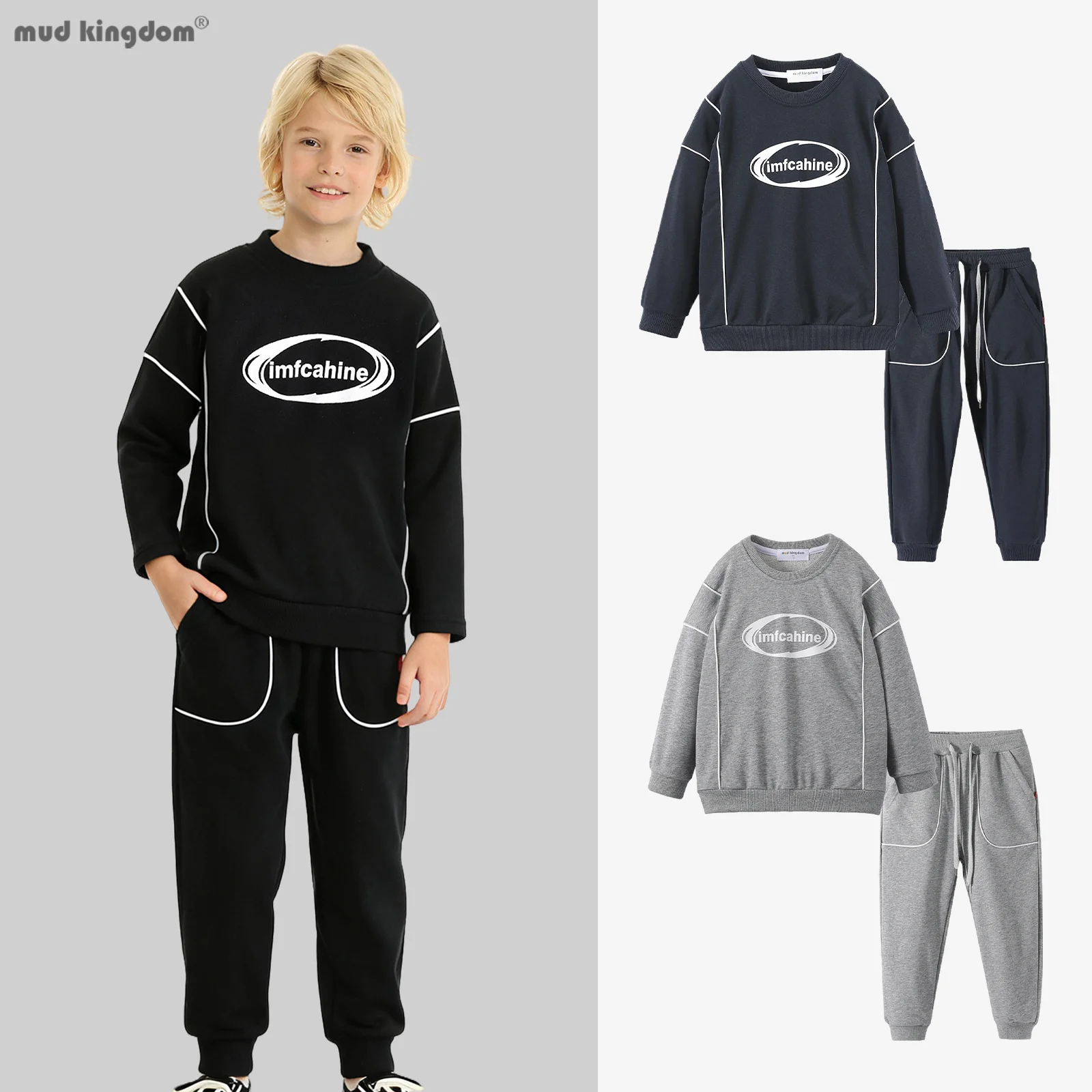 

Комплект одежды Mudkingdom для мальчиков, стильный свитшот с контрастной строчкой и буквенным принтом, брюки, одежда из двух предметов для малышей для маленького мальчика