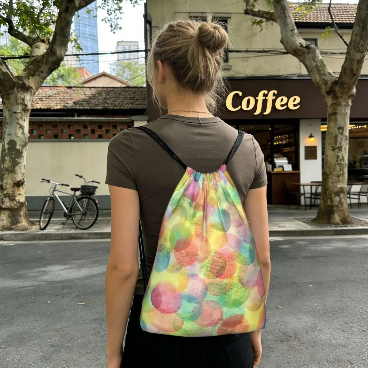 Green And Multicolor Bubble Print Backpacks Multi-function Drawstring Bags Sports Bag Book Bags for Travel School