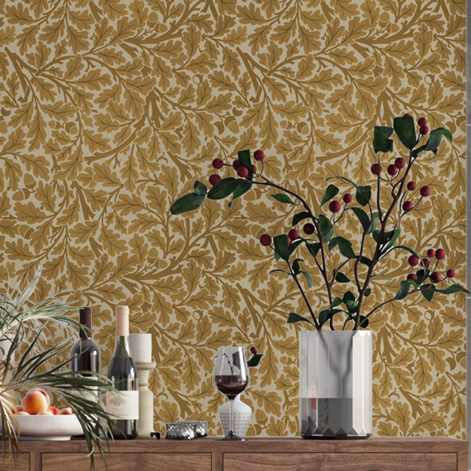 Oak Leave Wallpaper with botanical golden yellow leaves on neutral cream Back, Botanical Wallpaper