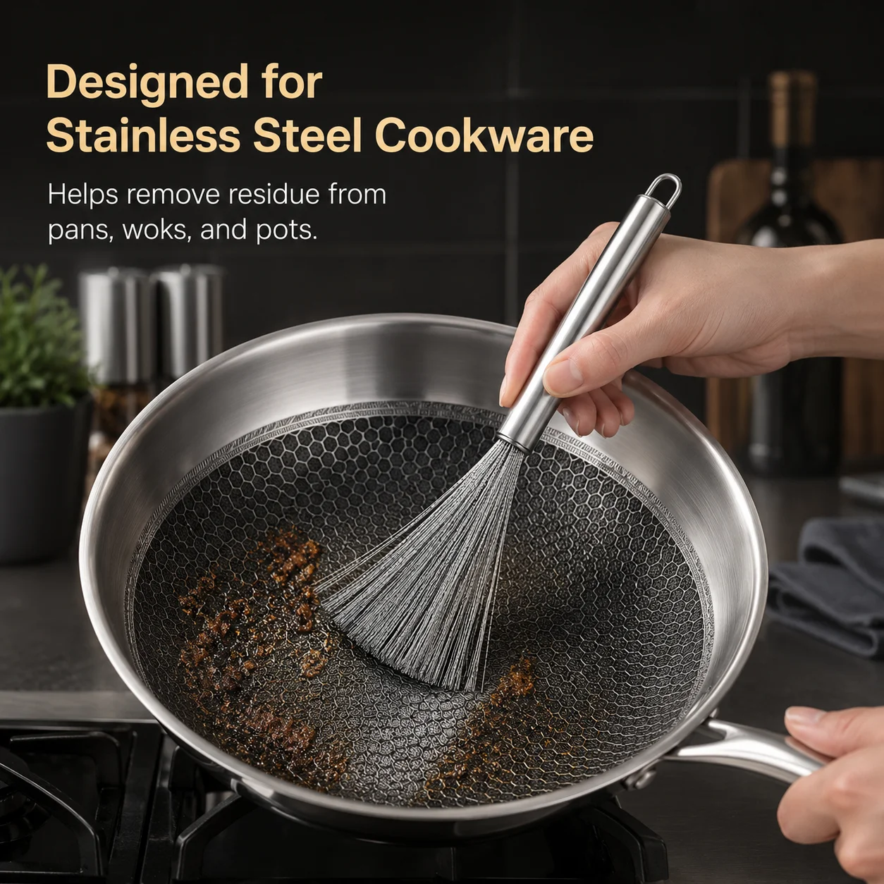 Heavy Duty Cookware Cleaning Brush, Metal Wire Pot and Pan Scrubber with Long Handle, Kitchen Cleaner for Stainless Steel Pans, Woks and Grills