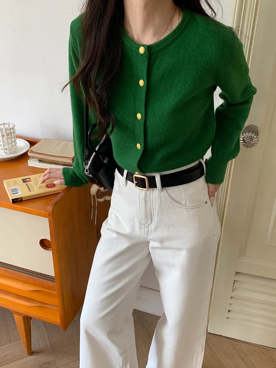 Mantel Kardigan Rajutan Lengan Panjang Wanita Sweter Kerah O Retro Kasual Musim Gugur