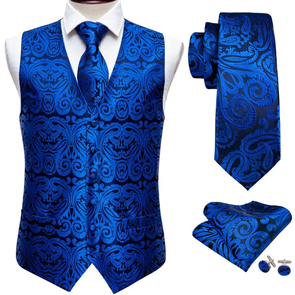 Elegant Men\'s Vest Silk Royal Blue Sky Blue Navy Paisley Gift Male Formal Waistcoat Suit Sleeveless Jacket Dress Barry Wang