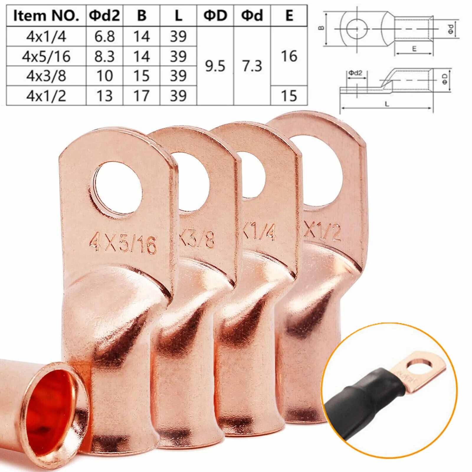 10/25Pcs  4AWG M6/M8/M10/M12  Bare Copper Wire Gauge Battery Lugs Terminal Ring Connector Kit