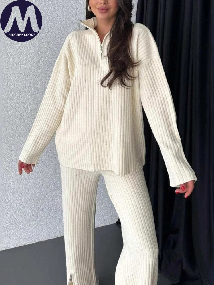 Women's Long Sleeved Knitted Sweater and Loose Pant Set, Elegant Tops, Zipper Suits, Casual, Fashionable, Autumn, Winter, 2 Pcs