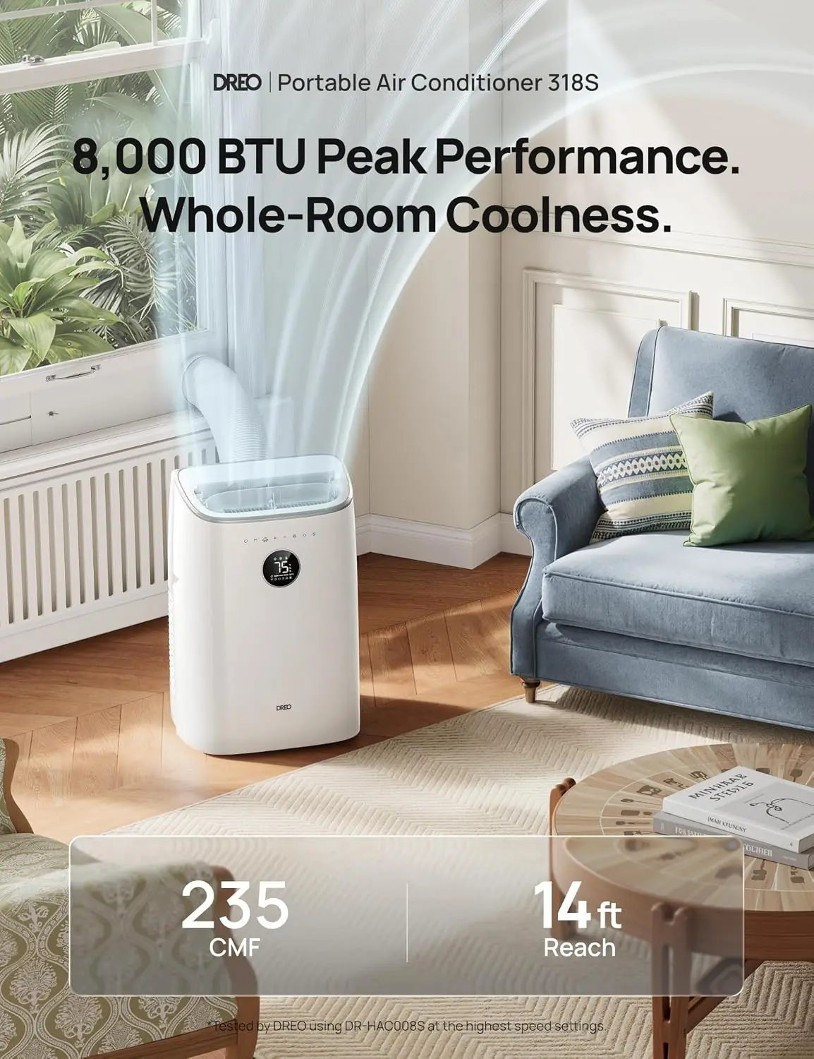 Portable Air Conditioner 318S, 8000 BTU ASHRAE (5000 BTU DOE) Smart AC Unit for Bedroom with Drainage-free Cooling, Fan&Dehumidi
