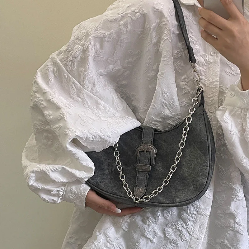 Retro Black Women\'s Small Shoulder Bag Fashion Half Moon Female Underarm Bag Chain Design Ladies Tote Purse Portable Handbag