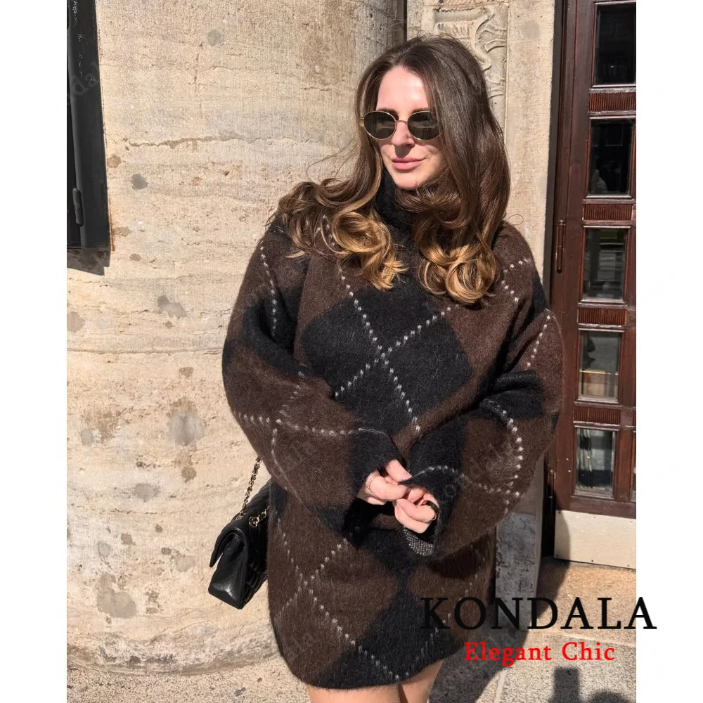 

KONDALA-Женский уличный свитер в клетку, свободный свободный пуловер с высоким воротом, свитер, новинка 2025 года, весенне-осенний модный винтажный женский свитер