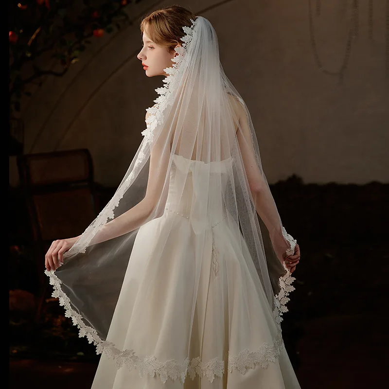 V748 Super Fairy Lace Bridal Veil Simple White Single Layer Medium-Length Wedding Photography Headpiece Wholesale