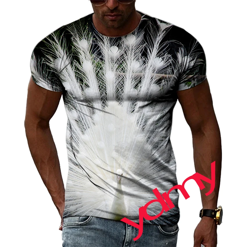 Tide Fashion Summer Peacock Picture Men's T-shirt Casual Print Tees Hip Hop Personality Round Neck Short Sleev Quick Drying Tops