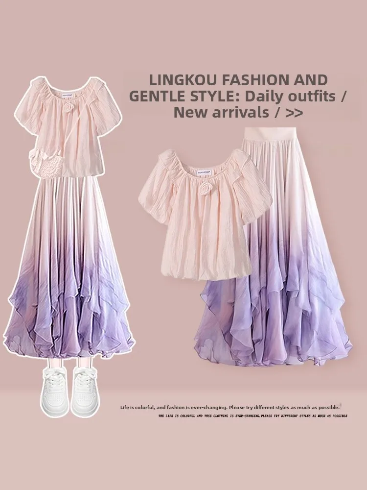 Sweet Style Women's Bubble Sleeve Top And High Waist Skirt Set Summer Collection Floral Trim Slimming Effect Casual Wear
