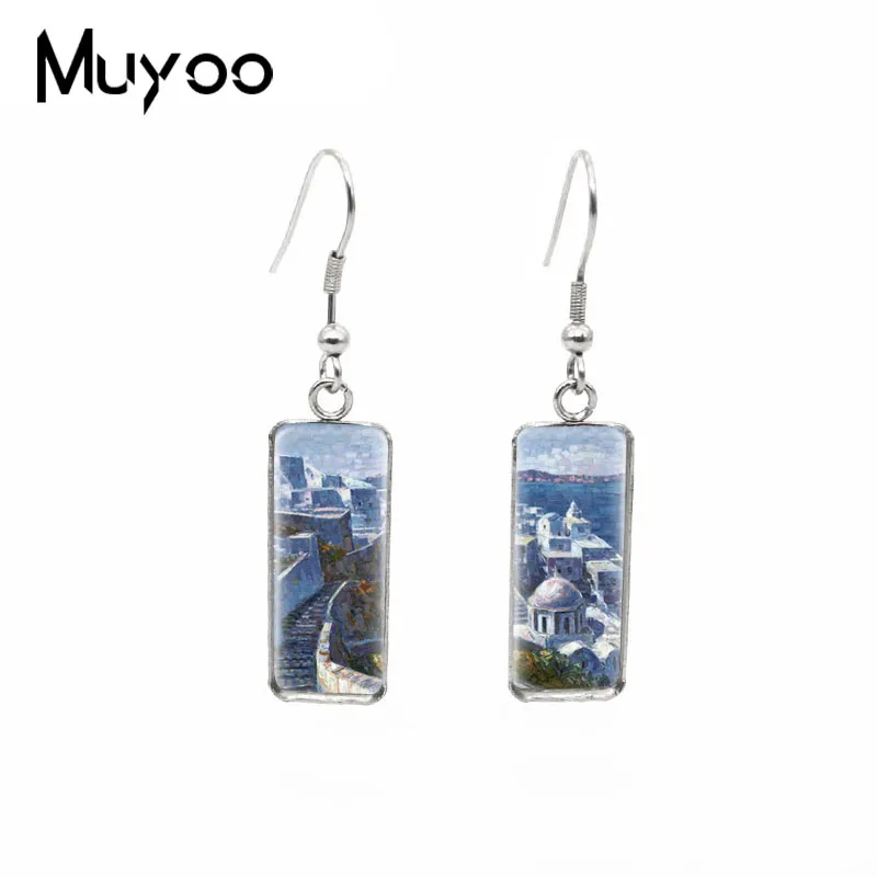 2020 New Beauty Sunrise Oil Painting Landscape Art Paintings Rectangle Fish Hook Earrings Stainless Steel Dangle Earrings