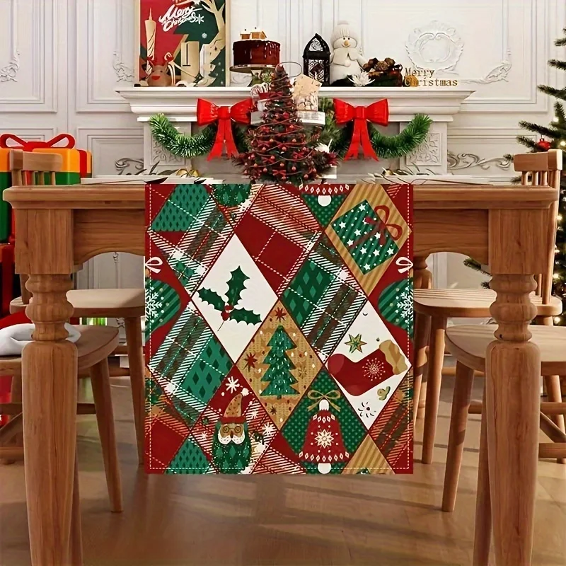 Christmas Trees Santa Holly Plaid Linen Table Runner Party Decor Winter Xmas Kitchen Dining Table Runners Christmas Decorations