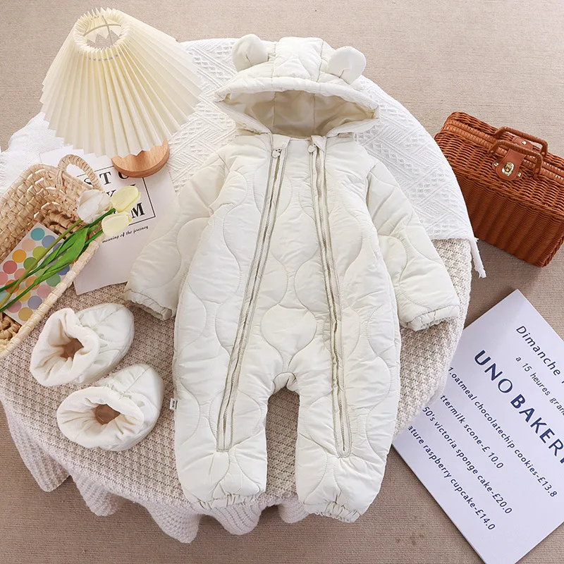 Baby Jumpsuit for Autumn and Winter Boys and Girls Babies Double Zippers and Foot Covers for Outdoor Hooded Rompers