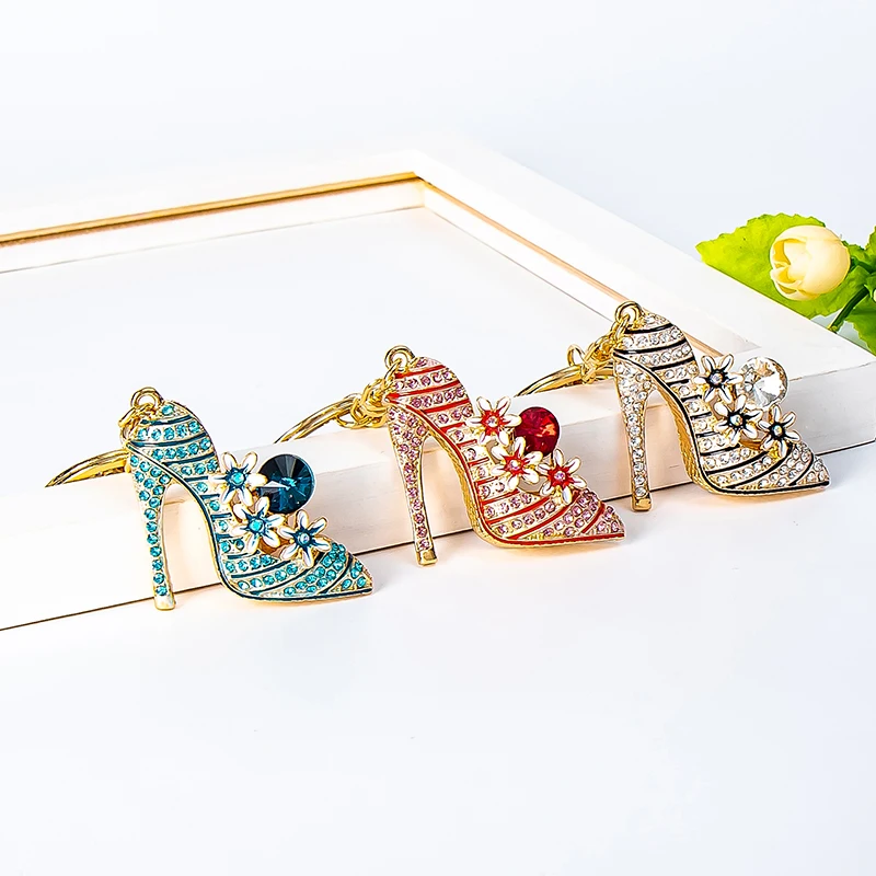 3pcs Set Elegant Flower High Heels Key Chain Women's Bag Pendant Alloy Rhinestone Portable Ring Fashion Backpack Ornament