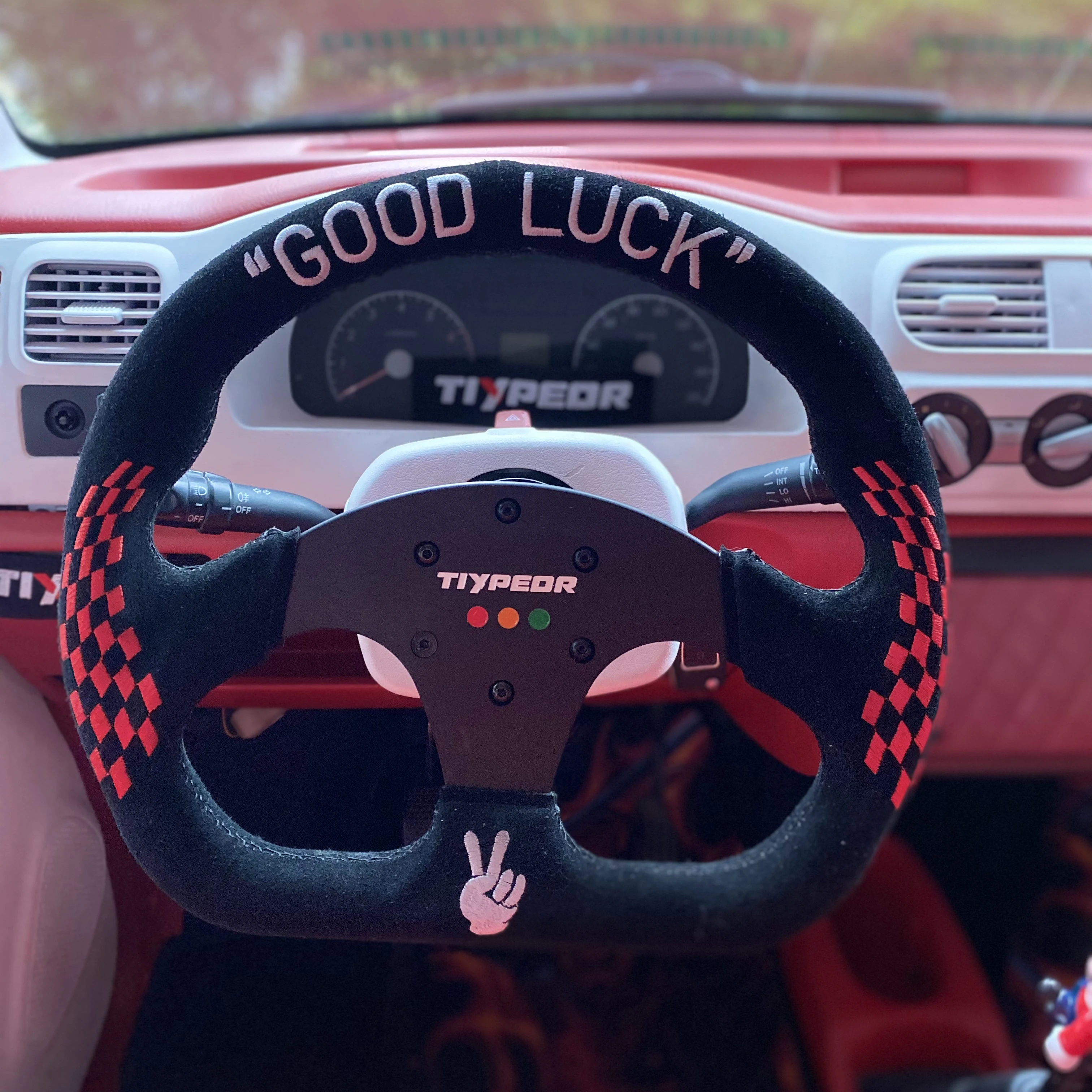 TIYPEOR 13 inch D-shaped Universal Game Steering Wheel 320mm Good Luck Embroidered Sport Steering Wheel for Car Sim Driving