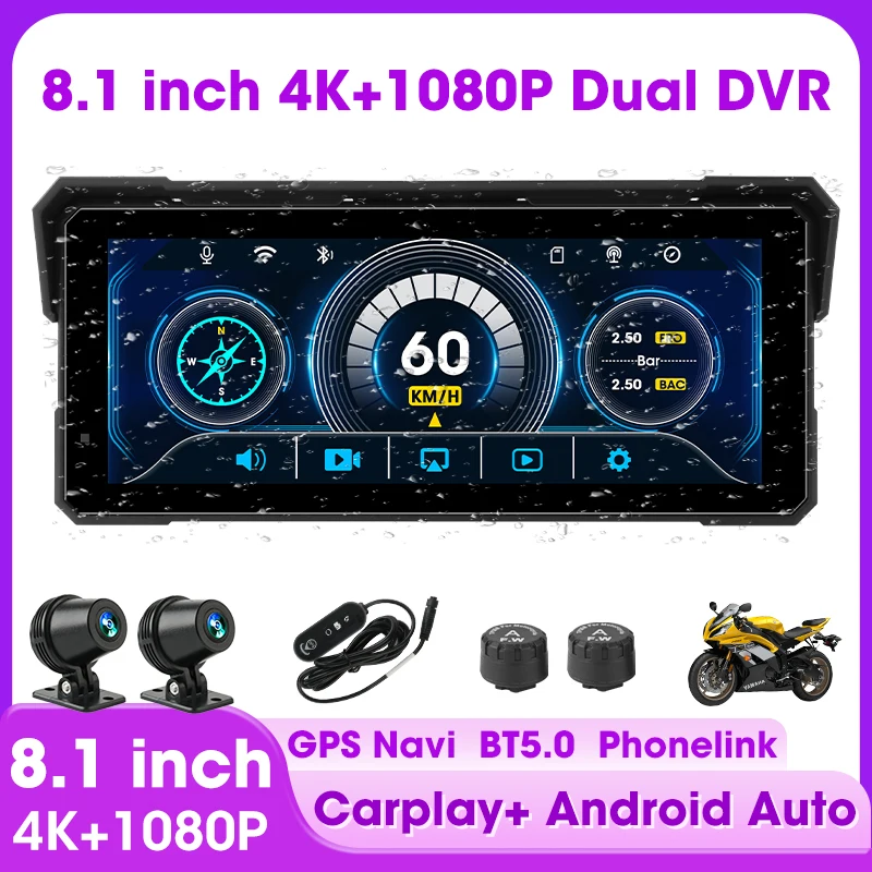 

8,1 "Carplay Мотоцикл 4K + 1080P Мото DVR Навигация GPS Беспроводной CarPlay Android Auto Водонепроницаемый сенсорный экран Bluetooth Дисплей