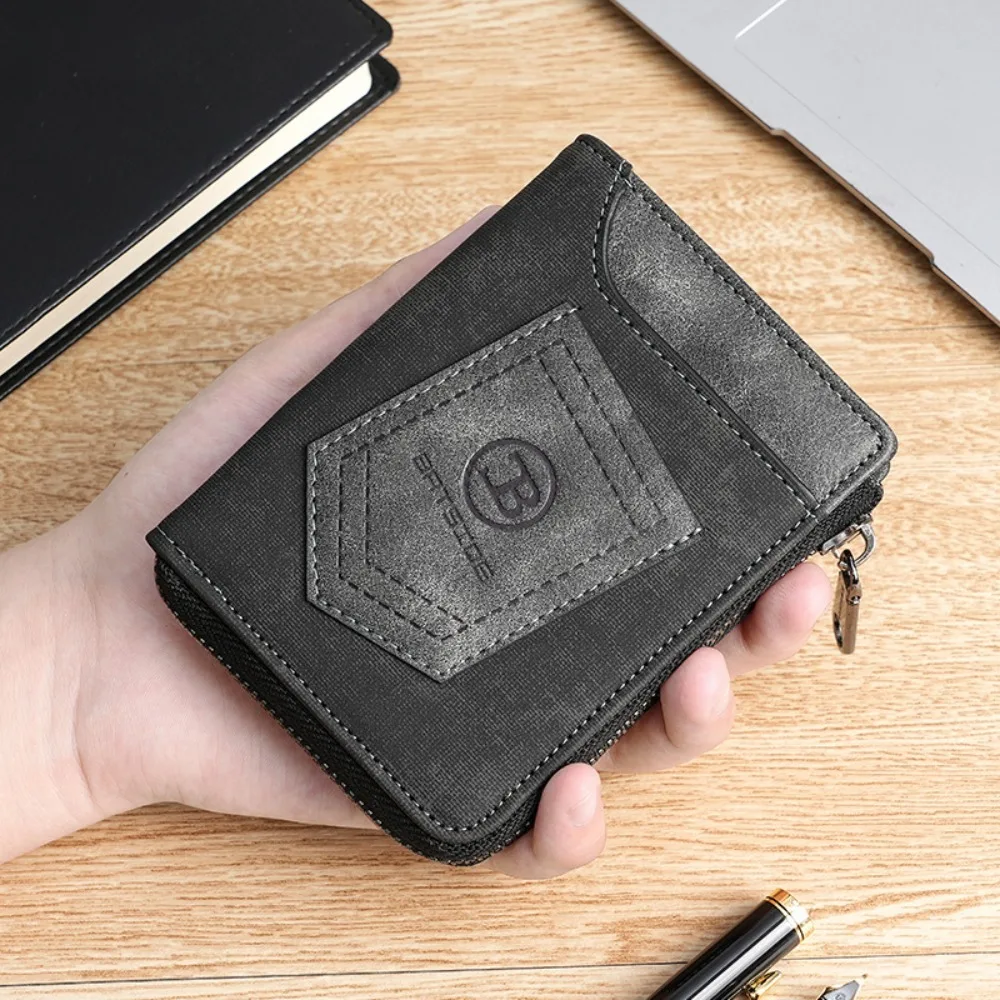 محفظة رجالية كلاسيكية عصرية قصيرة مضادة للسرقة وحامل بطاقة الائتمان RFID وسحاب للإغلاق بلون سادة محافظ ثنائية الطي للرجال يوميًا #1