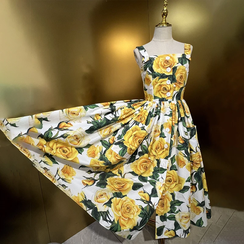 1:1 2024 Women's Long Dresses Light Luxury Brand D0cle Yellow Rose Print Literary Long Holiday Dresses