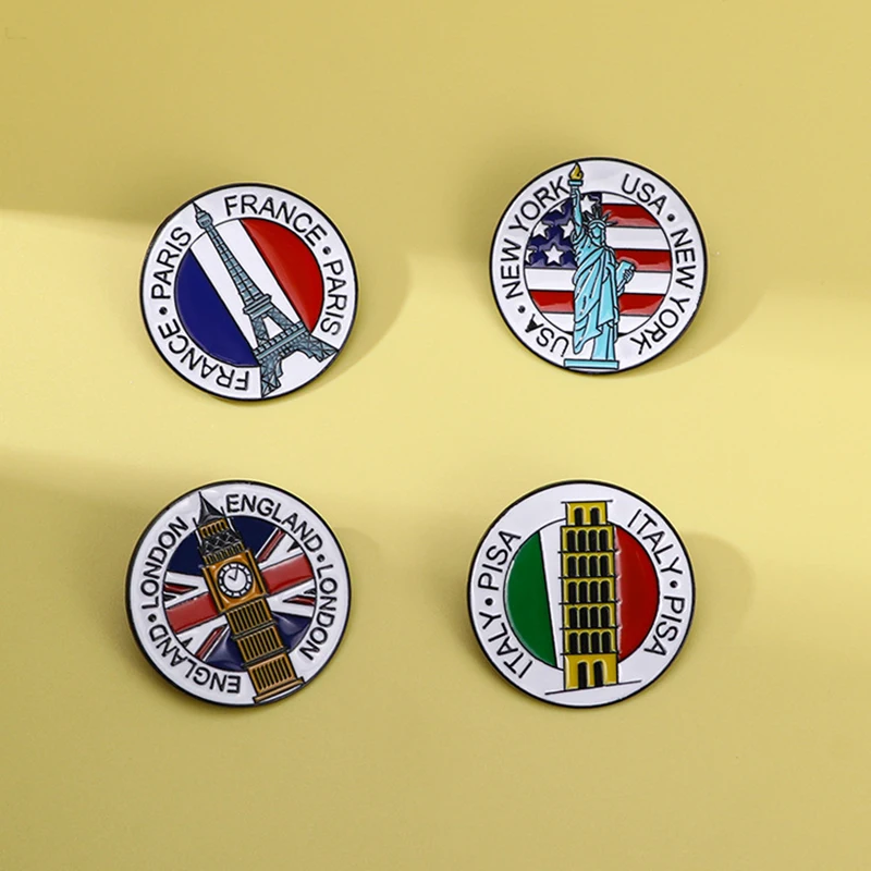 European Travel Souvenirs Building Badge Brooch Pins Cute Tower of Pisa Eiffel Tower Enamel Lapel Pin Accessory Gift For Friends