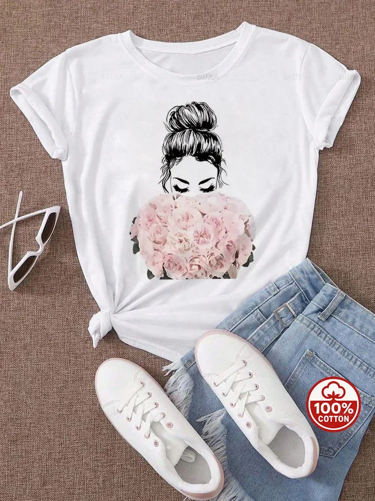 Messy Bun Girl T-Shirt Flower Bouquet Aesthetic Graphic Top