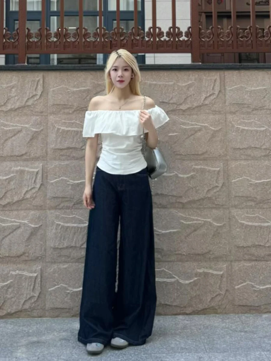 일레 원숄더 노출된 쇄골 오르트-스베 티셔츠 여성 여름 슬림핏 오르트 슬레 젠틀 로터스 레 탑 트렌디