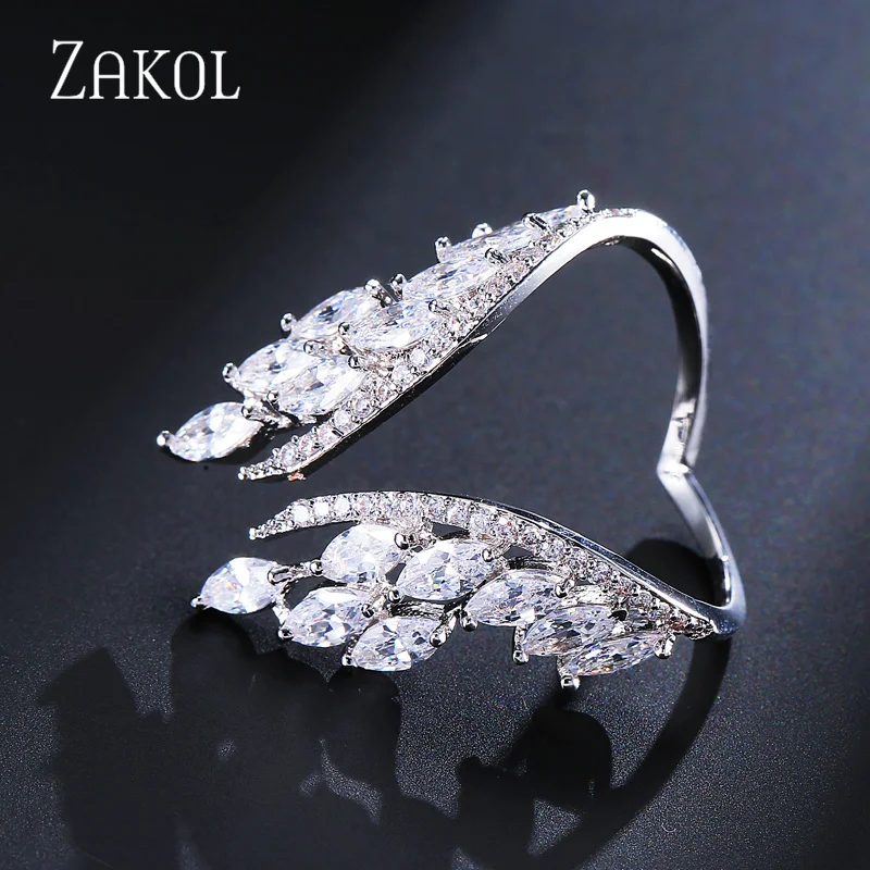 ZAKOL Trendy White Wing Shape Open Rings for Women Personality Cubic Zirconia Adjustable Girls Ring Party Wedding Jewelry