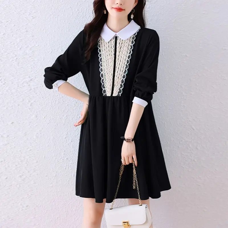 Sweet Peter Pan Collar Dresses Spring Autumn Solid Color Basic A-Line Female Clothing Fashion Lace Spliced Vintage Midi Dress