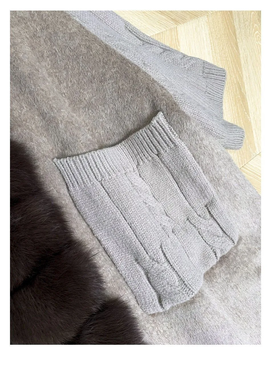 New Luxury Winter Real Natural Fox Fur Collar Woolen Blends Knit Long Overcoats Women Loose Warmth Cashmere Fur Jacket