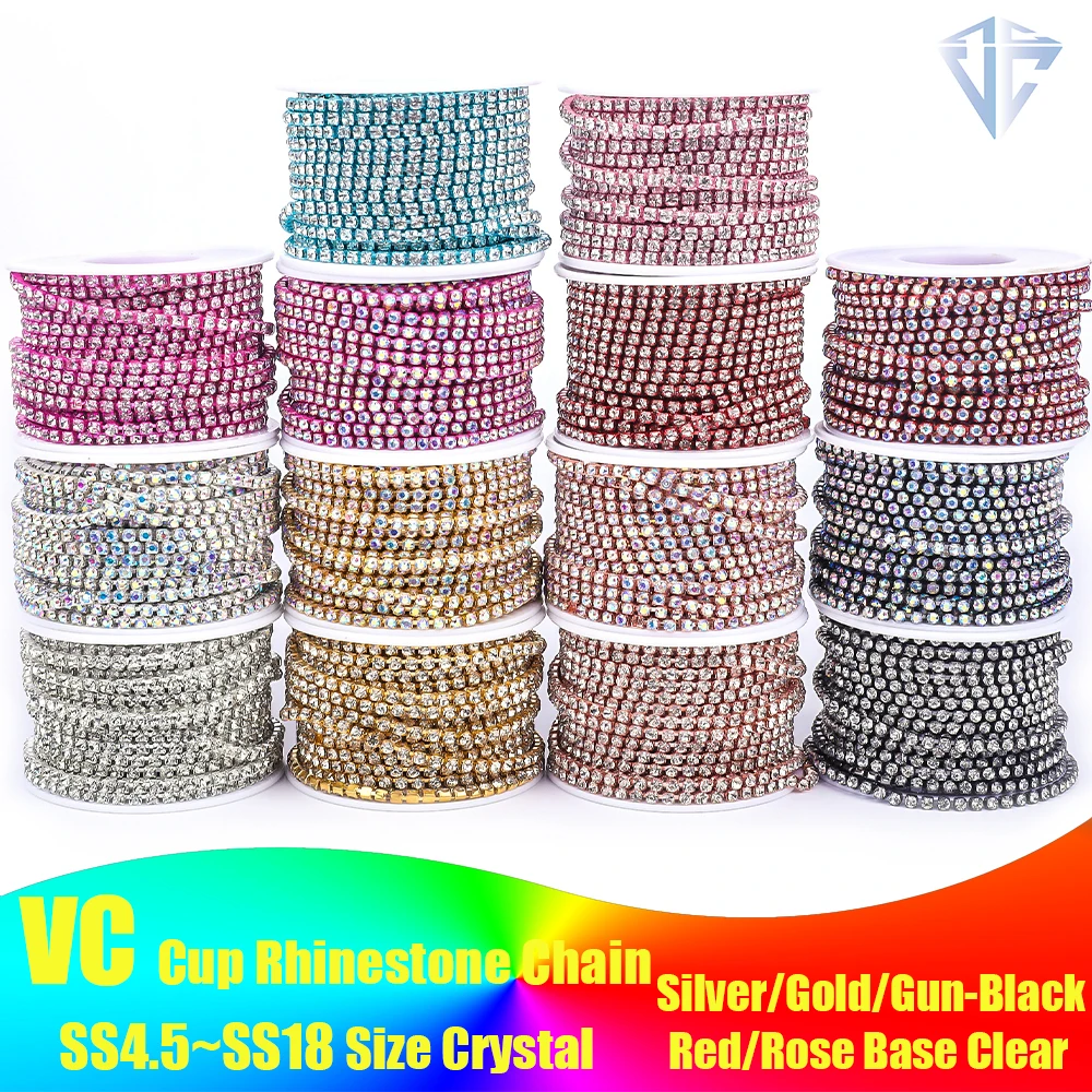 VC SS4.5-SS18(1.5mm-4.5mm)Silver/Gold Red AB Base Crystal Dense Rhinestone Chain Apparel Sewing Glass Rhinestone Cup Chain