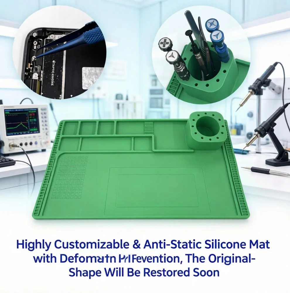 Silicone Repair Mat for Electronics, Heat Resistant Soldering Workstation Pad with Multi Compartment Storage ESD Safe Desk Tools