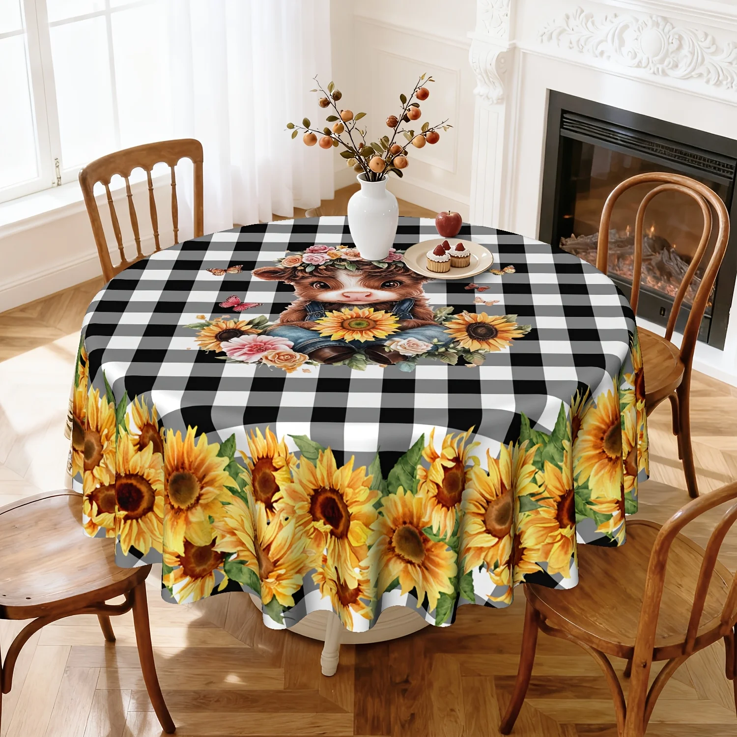 1 piece, highland dairy cow sunflower tablecloth, buffalo-striped dairy cow sunflower tablecloth