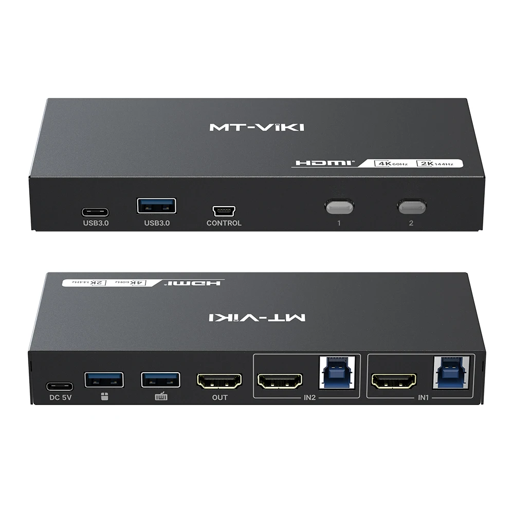 MT-VIKI 2 Port HDMI KVM Switch USB 3.0 4K@60Hz 2K@144Hz Manual with Wired Extended Switch Button MT-KH2S3