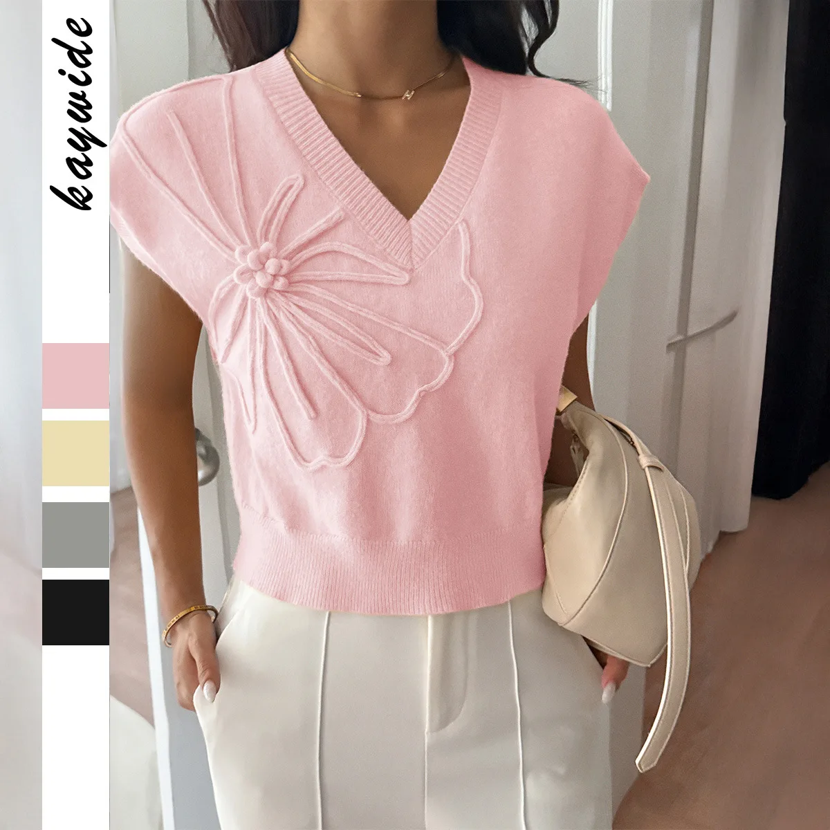 

Diyun Women's Pure Color Deep V Neck Short-Sleeved Sweater European And American Leisure Style Autumn Winter Clothing