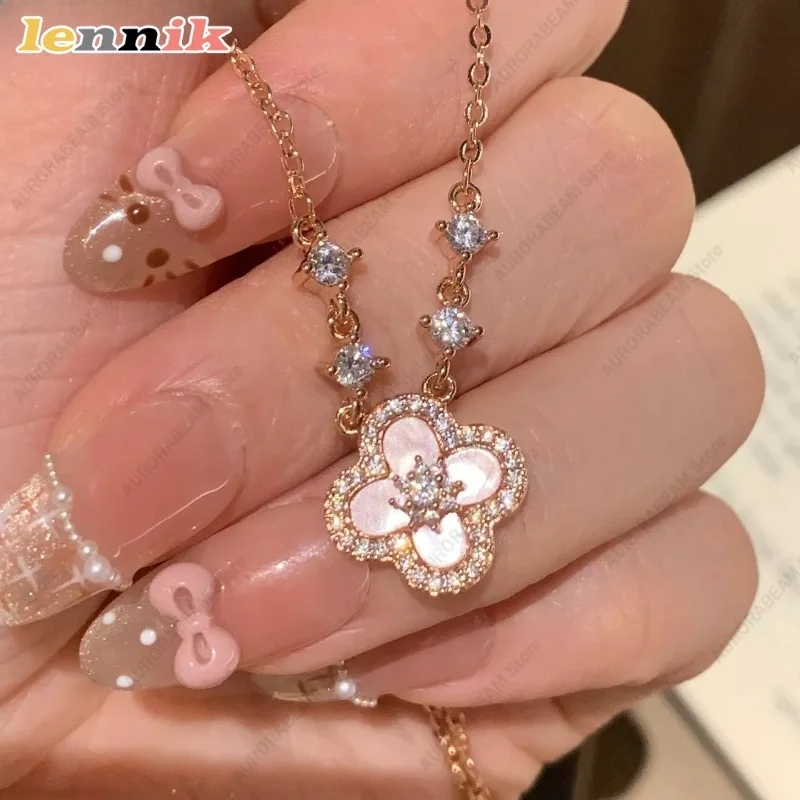 Pink Shell Necklace, Four Leaf Clover Pendant , 18K Gold Plated Layering Chain , Dainty Aesthetic Jewelry , Women's Fashion Gift