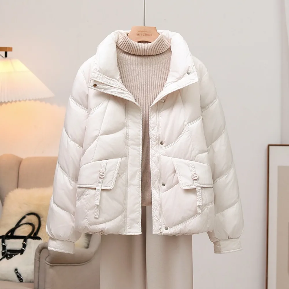 2024 Autumn Winter New Fashionable Warm Lightweight White Duck Down Jacket Women Short Korean Style Stand-up Collar Loose Jacket