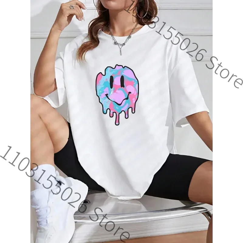 Camiseta de gran tamaño con estampado de cara sonriente para mujer, camiseta informal de calle que combina con todo, ropa suave de moda, camiseta transpirable de Hip Hop para mujer