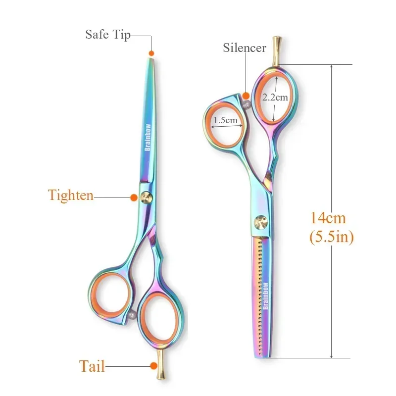 2pcs/Set 5.5'Multi-color Hair Scissors Right-hand Cutting Thinning Hairdressing Scissors Pro Salon Hair Styling Tools