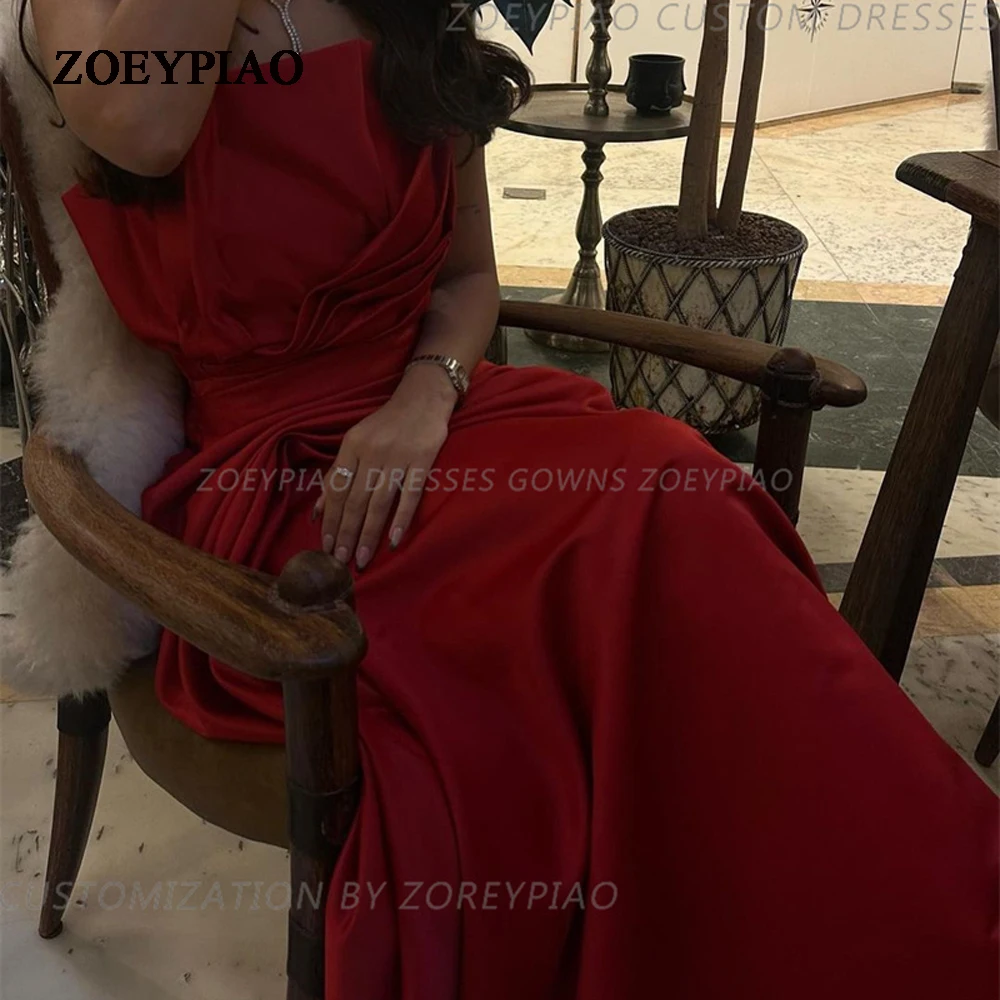 

Red Satin Strapless Prom Dresses Sleeveless Beach Ruched Floor-Length Formal Occasion Event Party Gown Vestidos De Fiesta