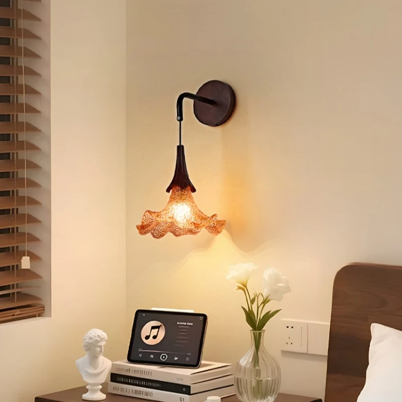 

American Wooden Base Wall Lamps LED Lights Fixture Flower Shape Resin Lampshade Living Room Bedroom Restaurant Corridor Sconces