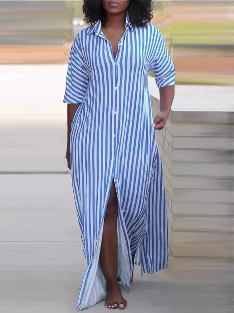 Fashion Casual Stripe Shirts Long Dresses Women Spring Summer New Loose Half Sleeves Commuting Lady Dress Simple Style Vestidos