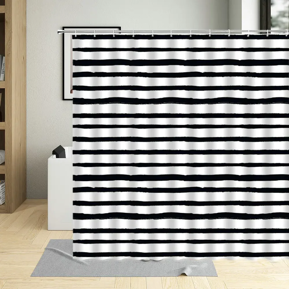 Minimalist Black White Stripes Texture Bathroom Curtains Waterproof Polyester Shower Curtains Wall Decoration With 12 Hooks