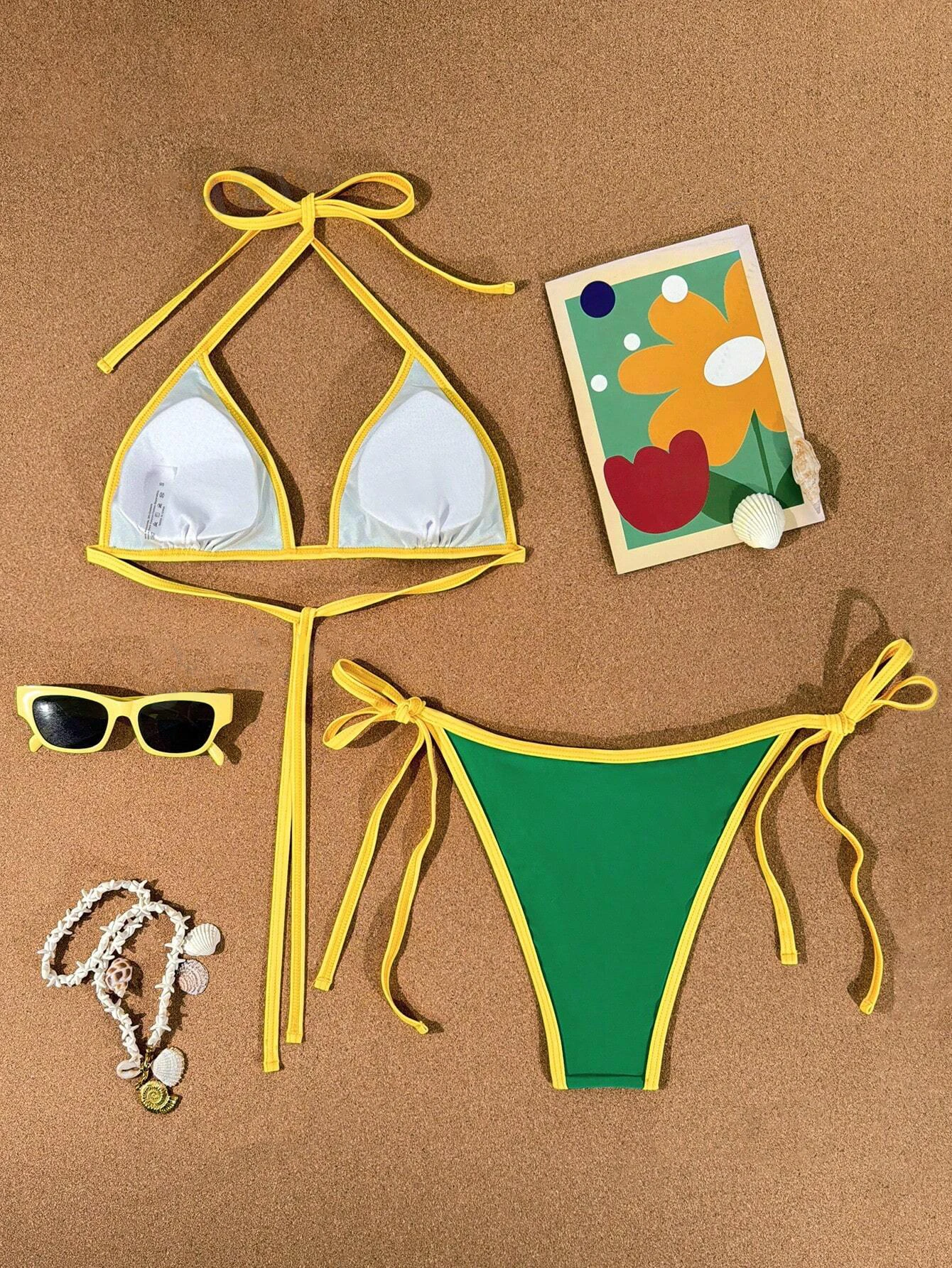 Sexy Green Yellow Contrast Bikini Set Halter Triangle Tie Side Two Piece Women Swimsuit Beachwear