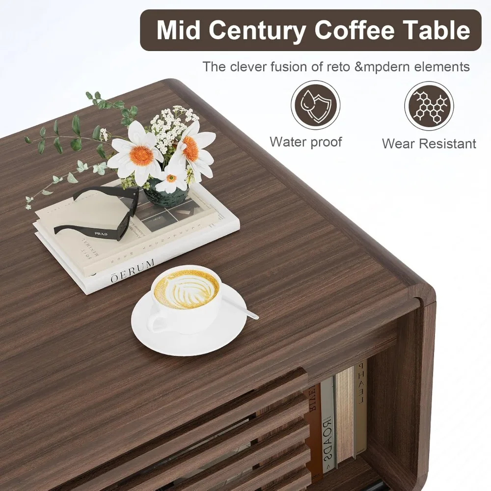 Coffee Table with Storage, Fluted Small Center Table with Sliding Tabletop and Hidden Storage, Cabinets, Adjustable Shelves