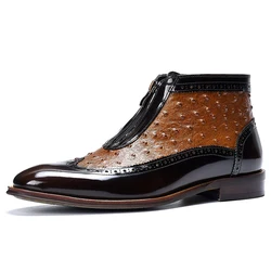 Patent Leather Boots Genuine Leather Point Toe Short Boots Ostrich Pattern Matching Trendy Men's Boots Front Zipper Ankle Boots