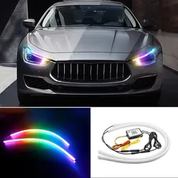 12V 2pcs DRL Car LED Daytime Running Light APP Control Flexible RGB Symphony Flowing Turn Signal Strip Headlight Decorative Lamp